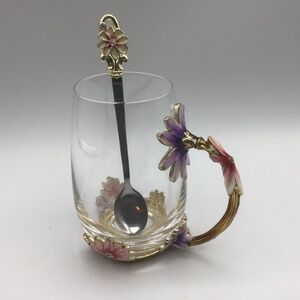 Coffee or Tea Mug Flowers Enamel Clear Glass Mug with Handle and Spoon.